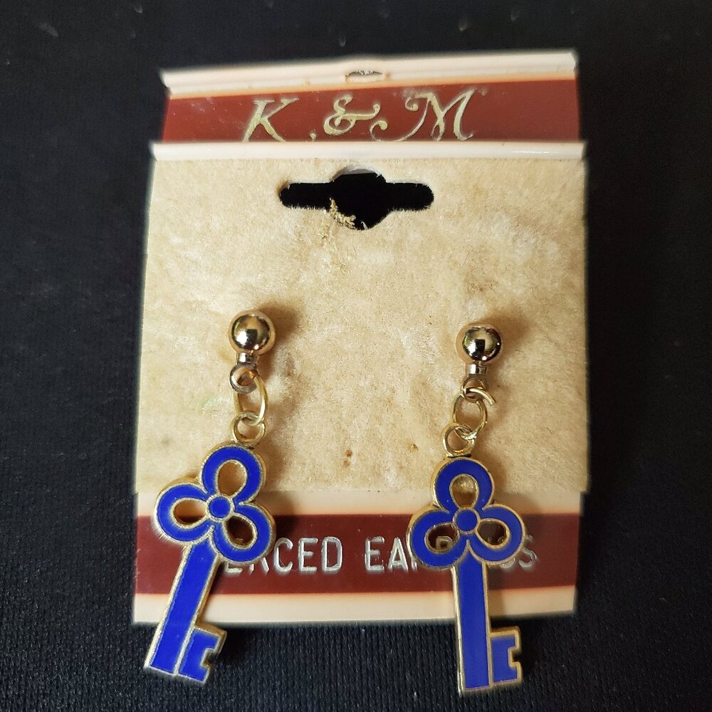 K&M Blue Enamel Key Earrings OWT